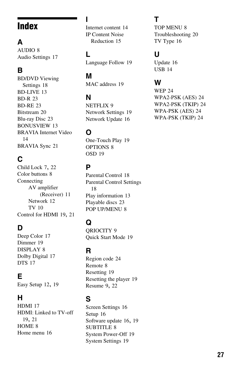 Index | Sony BDP-S280 User Manual | Page 27 / 31