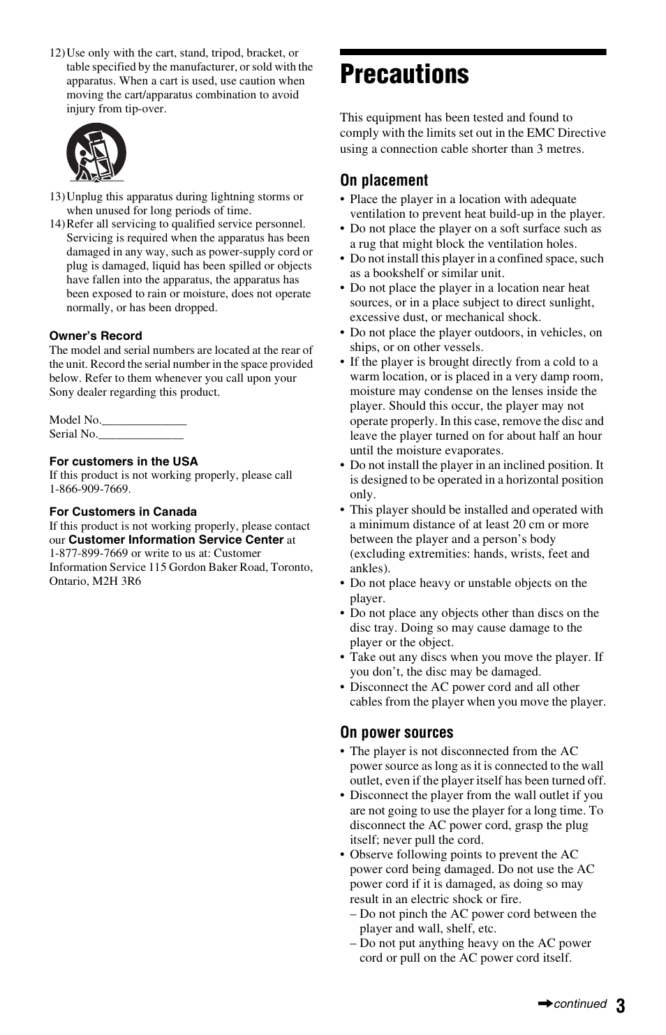 Precautions, On placement, On power sources | Sony BDP-S280 User Manual | Page 3 / 31