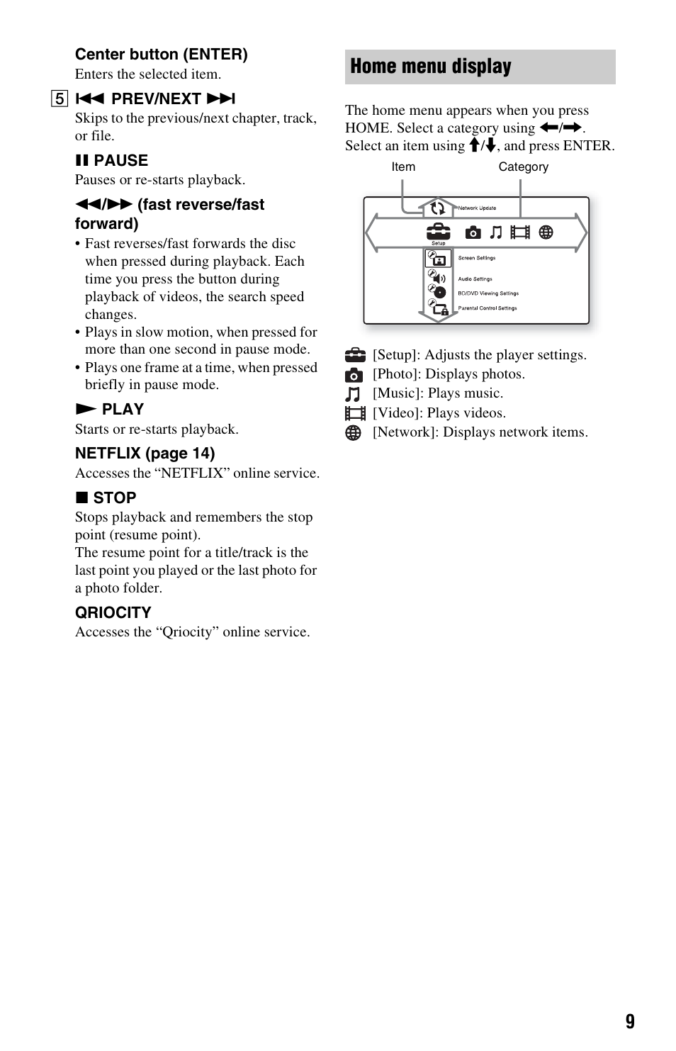 Home menu display | Sony BDP-S280 User Manual | Page 9 / 31