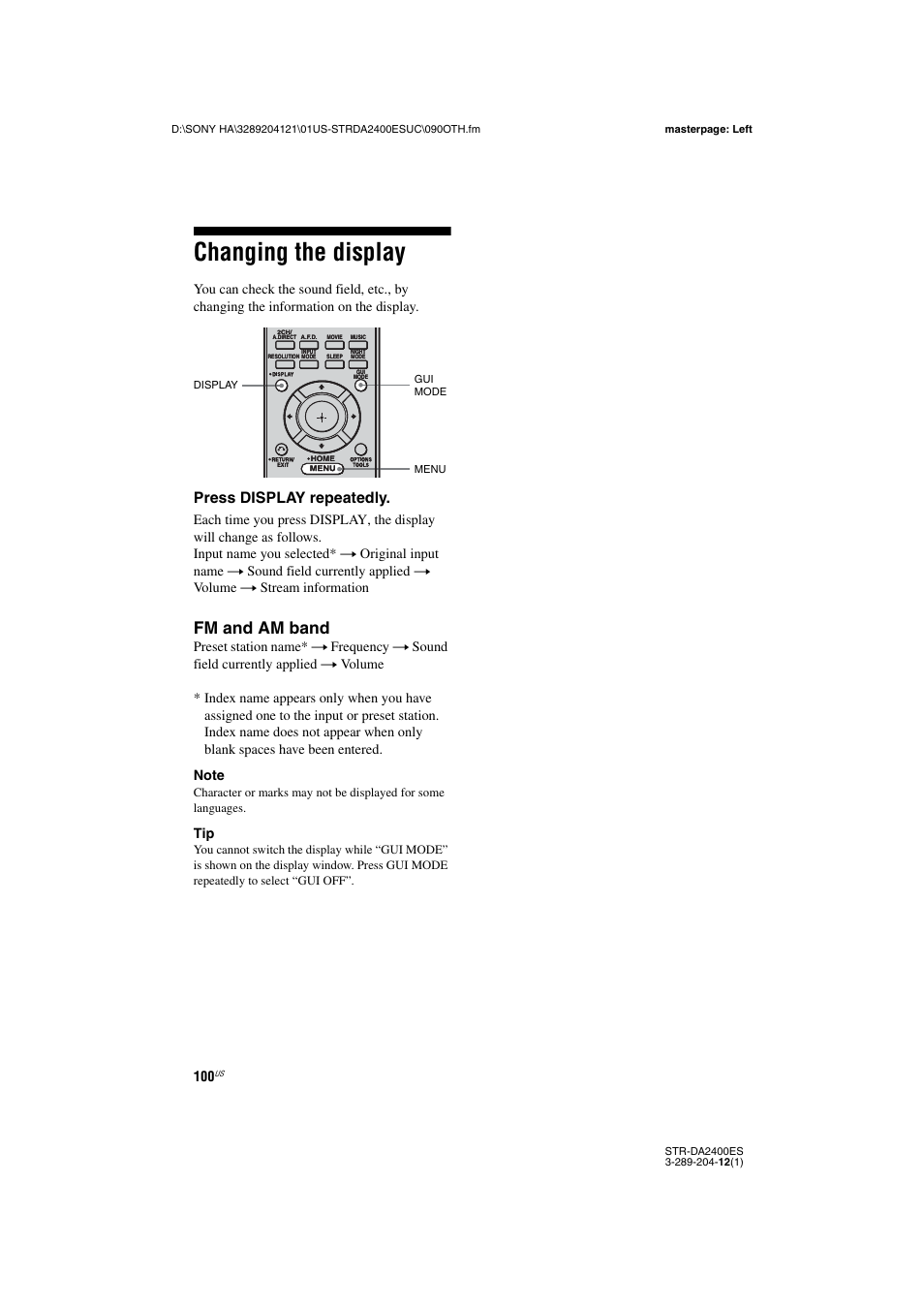 Changing the display, Fm and am band, Press display repeatedly | Sony 3-289-204-12(1) User Manual | Page 100 / 140