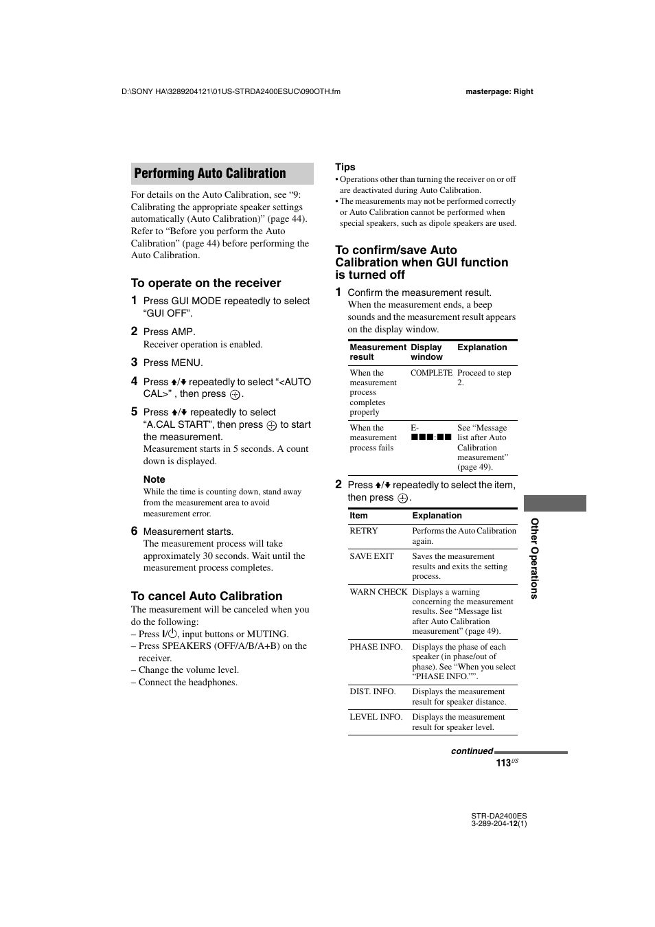 Performing auto calibration | Sony 3-289-204-12(1) User Manual | Page 113 / 140