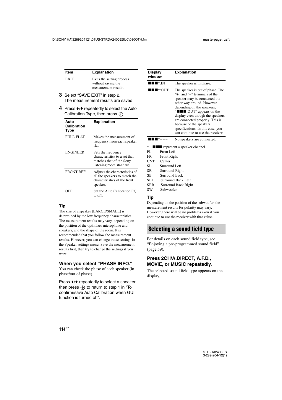 Phase). see “when you select “phase info, Selecting a sound field type | Sony 3-289-204-12(1) User Manual | Page 114 / 140