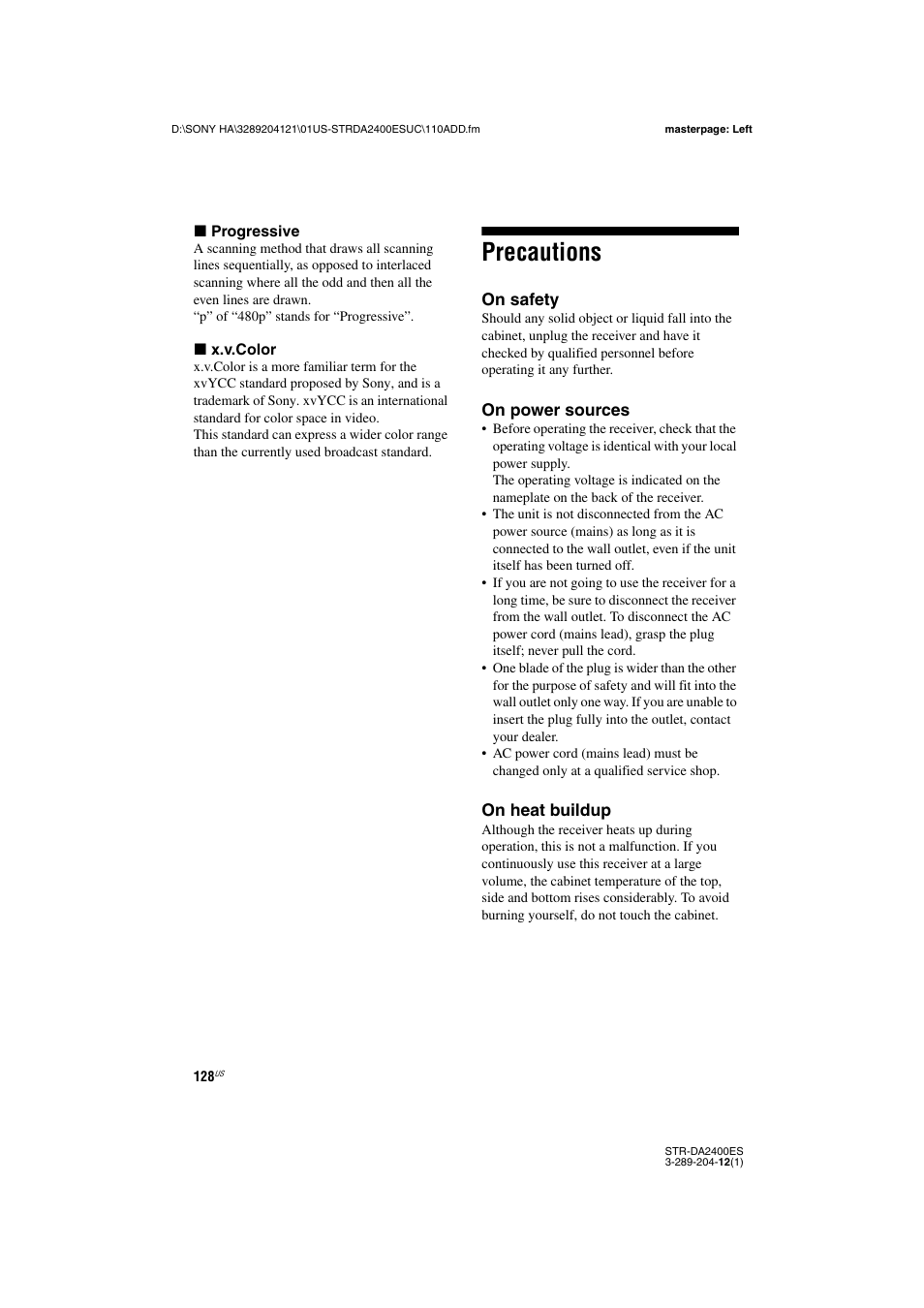 Precautions | Sony 3-289-204-12(1) User Manual | Page 128 / 140