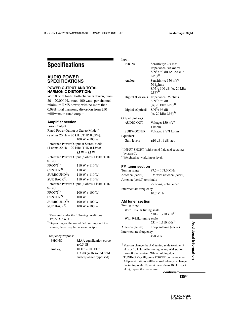 Specifications, Audio power specifications | Sony 3-289-204-12(1) User Manual | Page 135 / 140