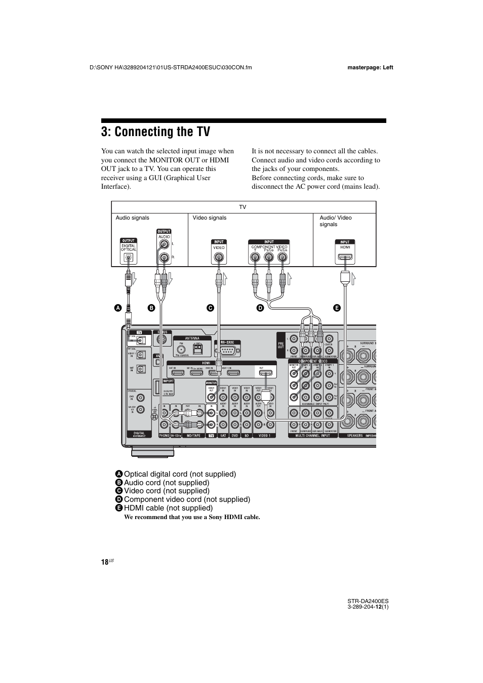 Connecting the tv, E 18, 29 | Sony 3-289-204-12(1) User Manual | Page 18 / 140