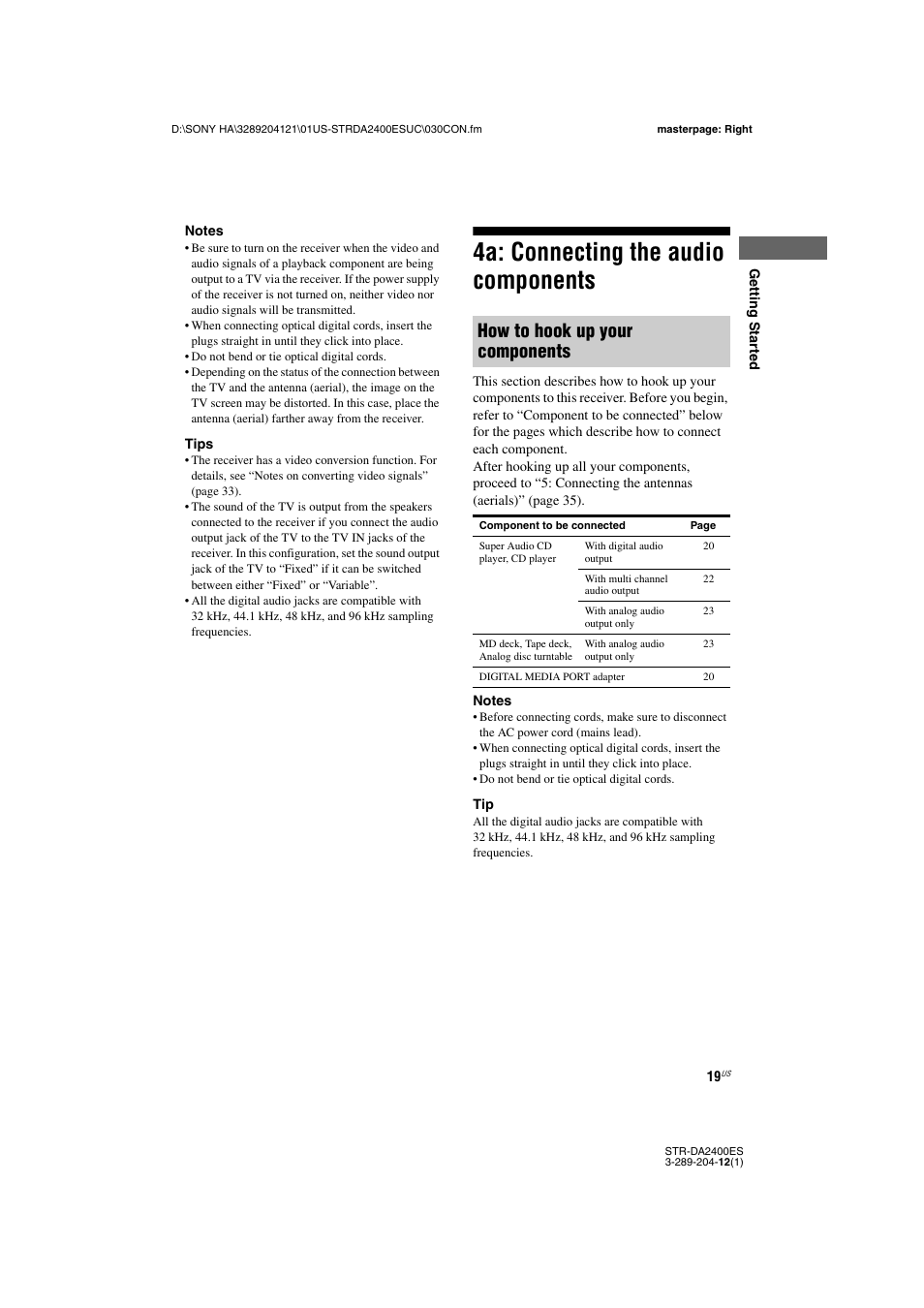 4a: connecting the audio components, How to hook up your components | Sony 3-289-204-12(1) User Manual | Page 19 / 140