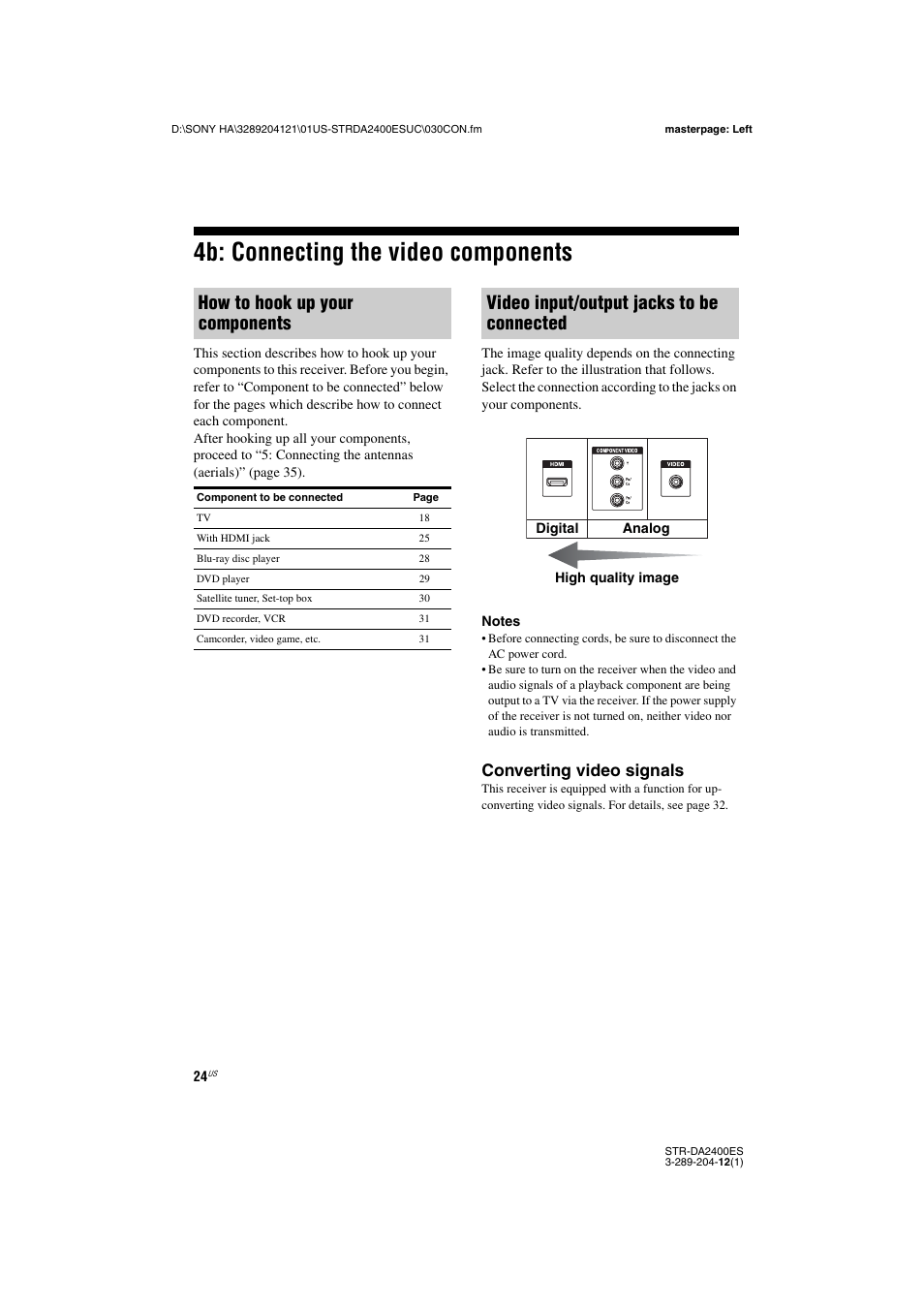 4b: connecting the video components, How to hook up your components, Video input/output jacks to be connected | Converting video signals | Sony 3-289-204-12(1) User Manual | Page 24 / 140