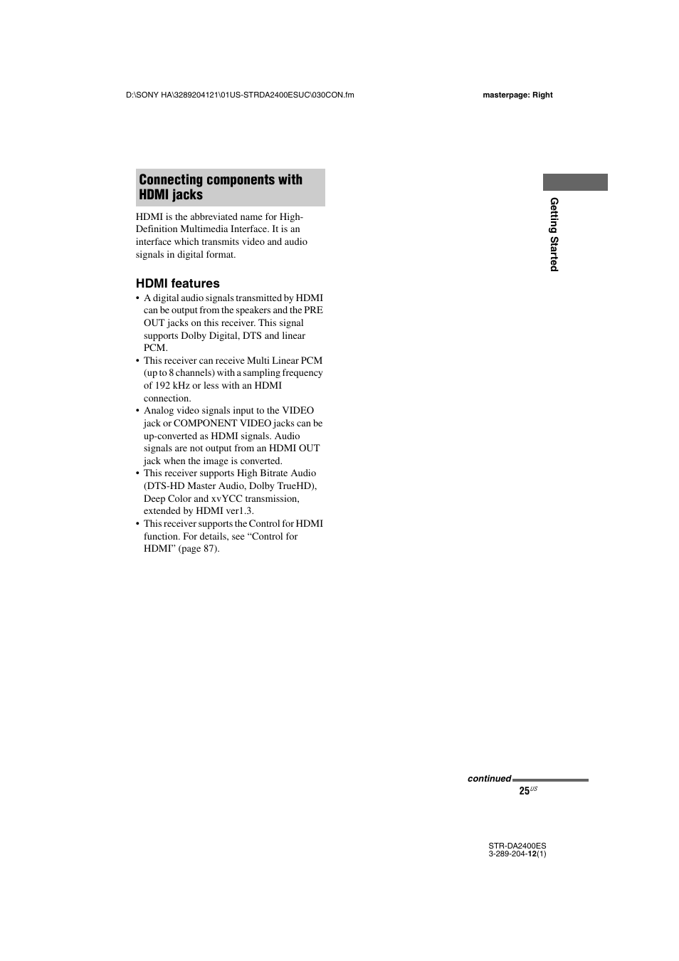 Connecting components with hdmi jacks | Sony 3-289-204-12(1) User Manual | Page 25 / 140