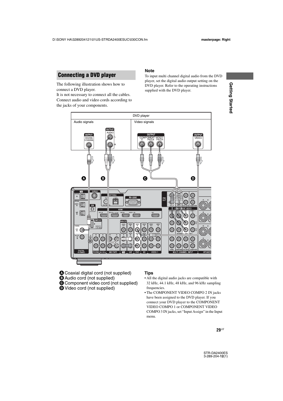 Connecting a dvd player | Sony 3-289-204-12(1) User Manual | Page 29 / 140