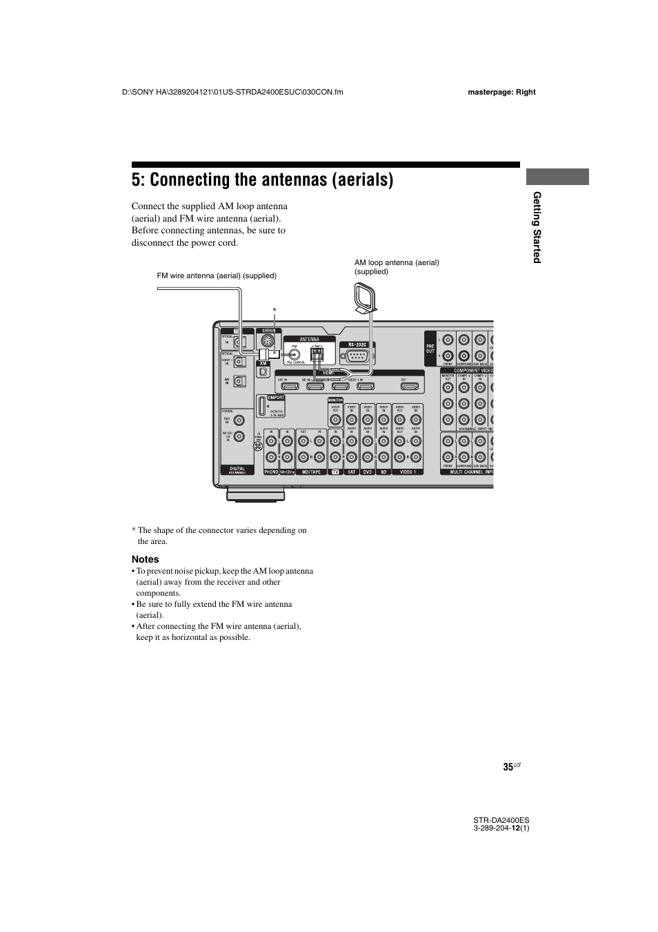 Connecting the antennas (aerials) | Sony 3-289-204-12(1) User Manual | Page 35 / 140