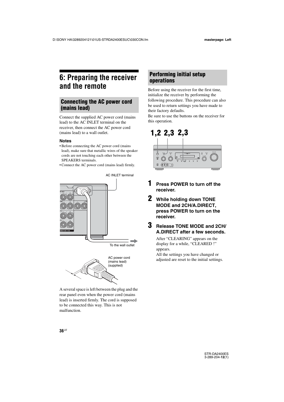 Preparing the receiver and the remote, Connecting the ac power cord (mains lead), Performing initial setup operations | Sony 3-289-204-12(1) User Manual | Page 36 / 140