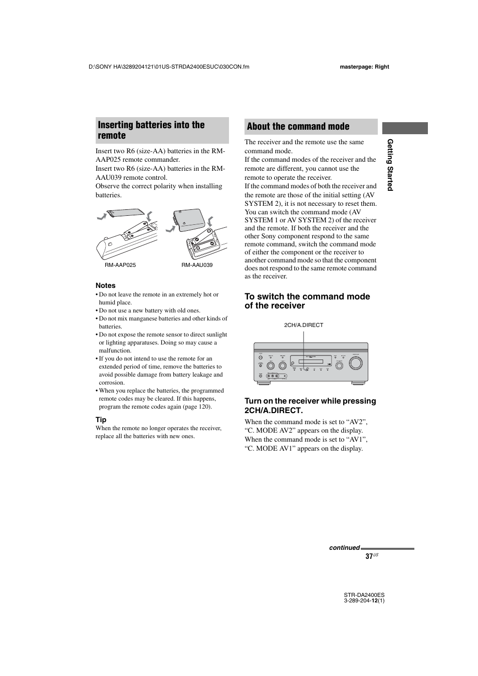 Inserting batteries into the remote, About the command mode | Sony 3-289-204-12(1) User Manual | Page 37 / 140