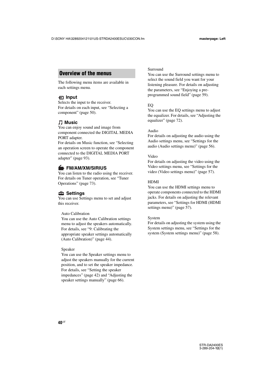 Overview of the menus | Sony 3-289-204-12(1) User Manual | Page 40 / 140