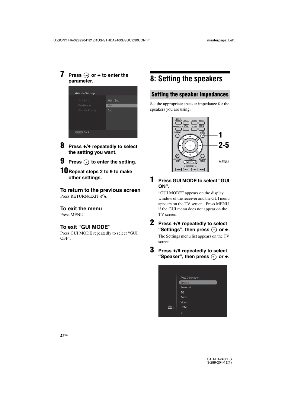 Setting the speakers, Setting the speaker impedances | Sony 3-289-204-12(1) User Manual | Page 42 / 140