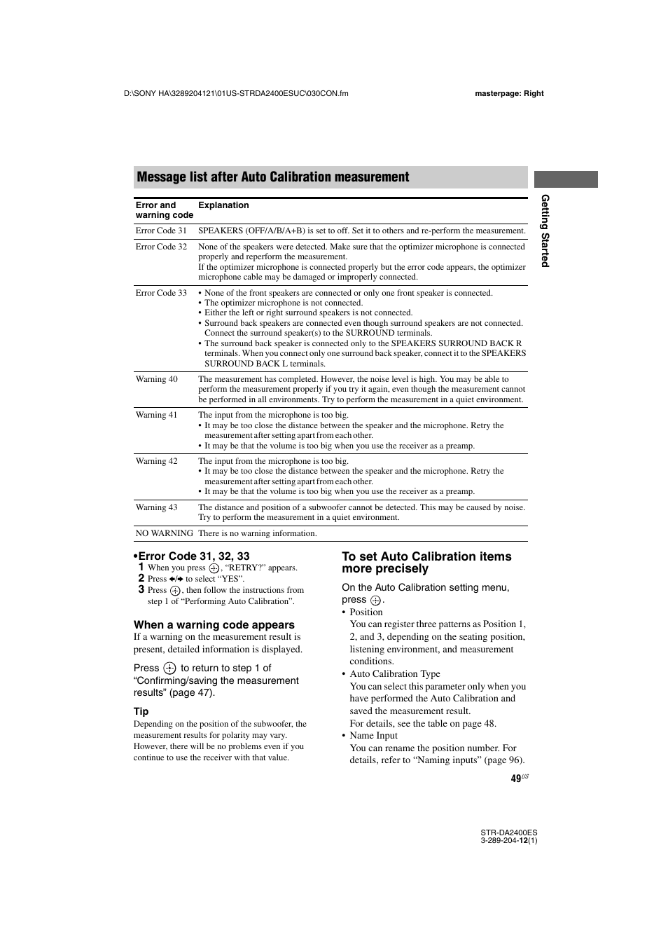 Message list after auto calibration measurement | Sony 3-289-204-12(1) User Manual | Page 49 / 140