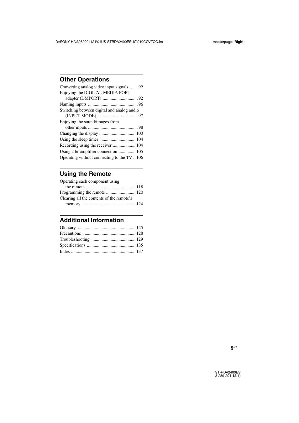 Other operations, Using the remote, Additional information | Sony 3-289-204-12(1) User Manual | Page 5 / 140