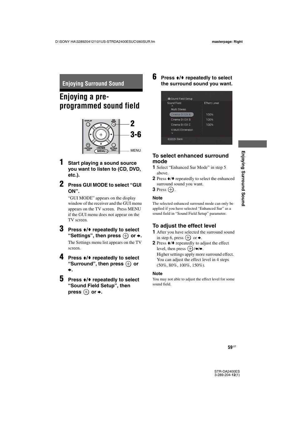 Enjoying surround sound, Enjoying a pre- programmed sound field, Enjoying a pre-programmed sound field | Enjoying a pre- programmed sound field 1 | Sony 3-289-204-12(1) User Manual | Page 59 / 140