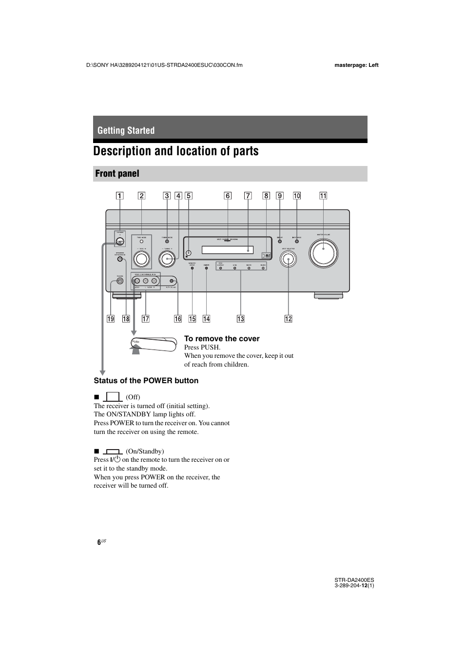 Getting started, Description and location of parts, Getting started front panel | Sony 3-289-204-12(1) User Manual | Page 6 / 140