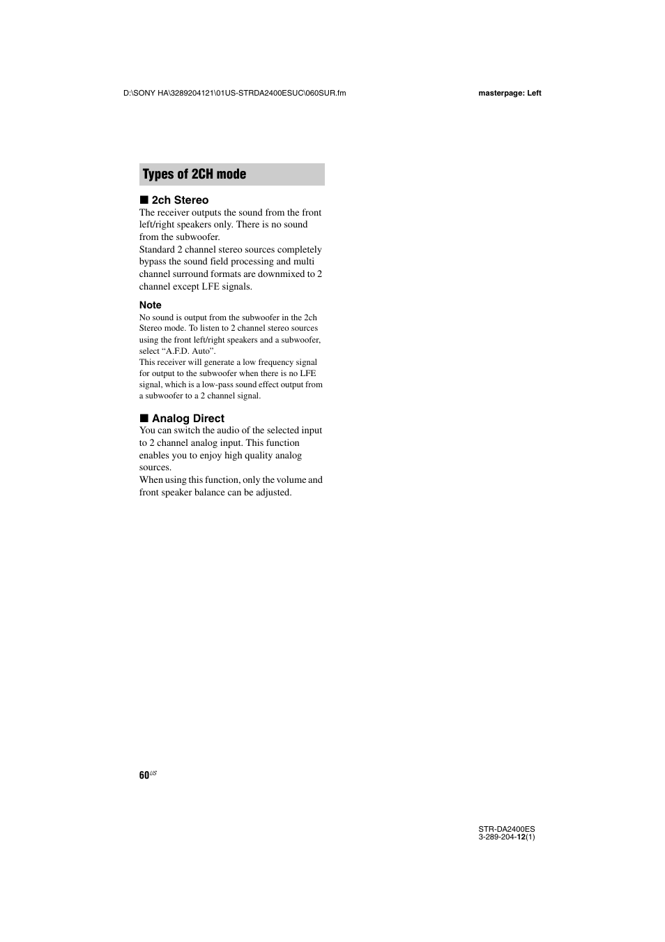 Types of 2ch mode | Sony 3-289-204-12(1) User Manual | Page 60 / 140