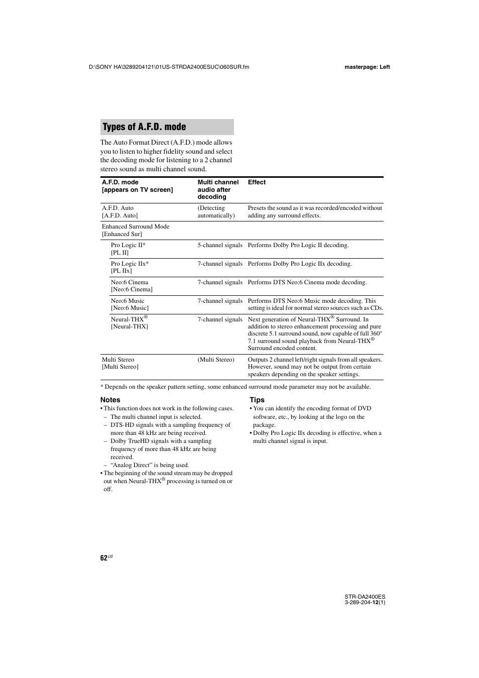 Types of a.f.d. mode | Sony 3-289-204-12(1) User Manual | Page 62 / 140