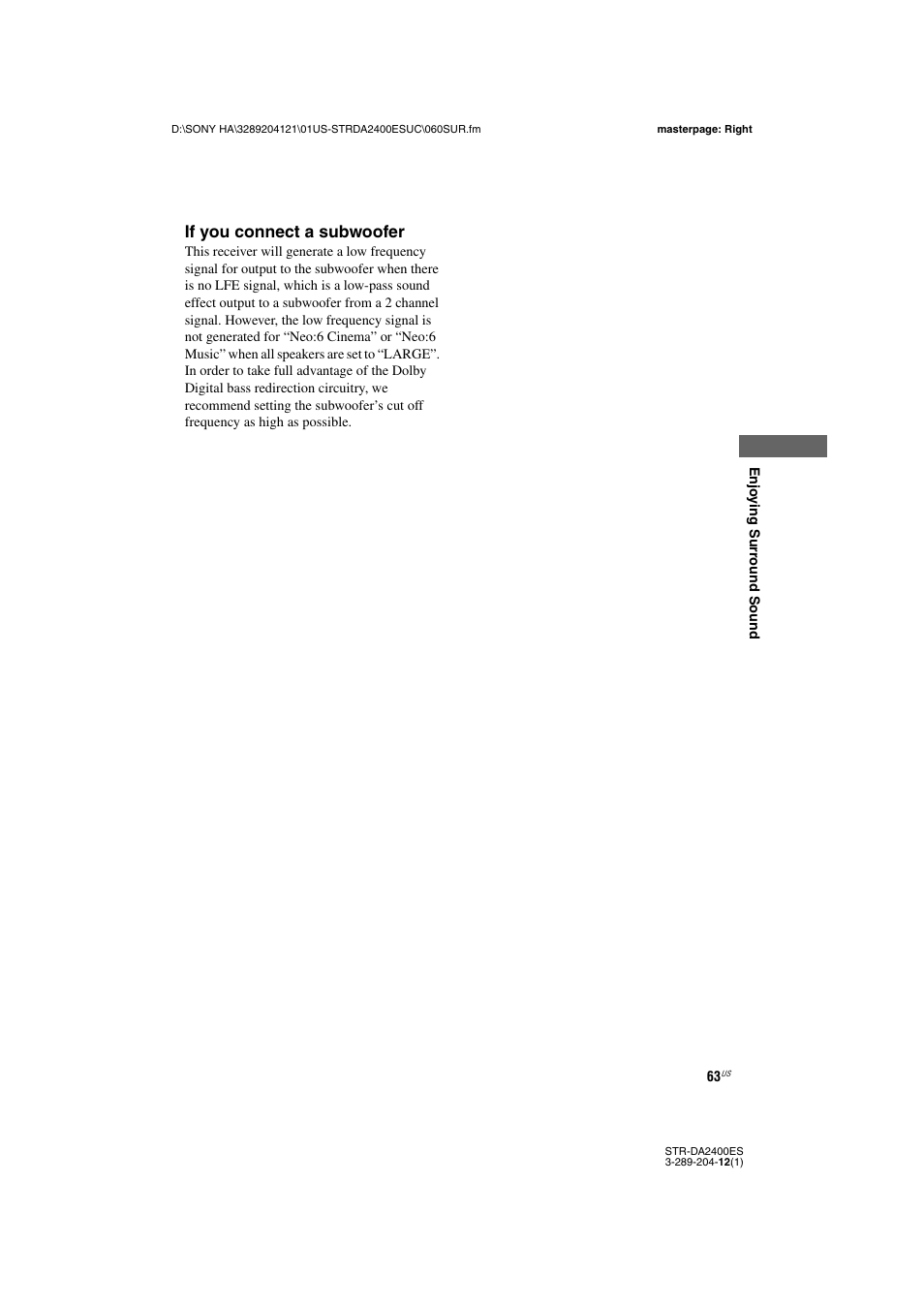 If you connect a subwoofer | Sony 3-289-204-12(1) User Manual | Page 63 / 140
