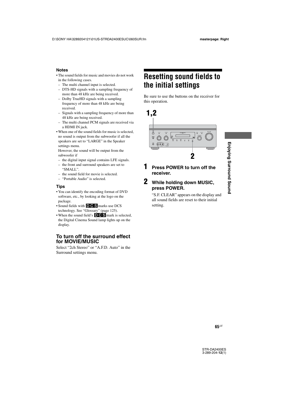 Resetting sound fields to the initial settings, Resetting sound fields to the initial, Settings | Sony 3-289-204-12(1) User Manual | Page 65 / 140