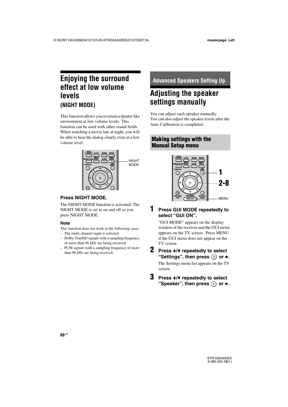 Advanced speakers setting up, Adjusting the speaker settings manually, Enjoying the surround effect at low volume | Levels (night mode), Enjoying the surround effect at low volume levels, Night mode), Press night mode, Press gui mode repeatedly to select “gui on, The settings menu list appears on the tv screen | Sony 3-289-204-12(1) User Manual | Page 66 / 140