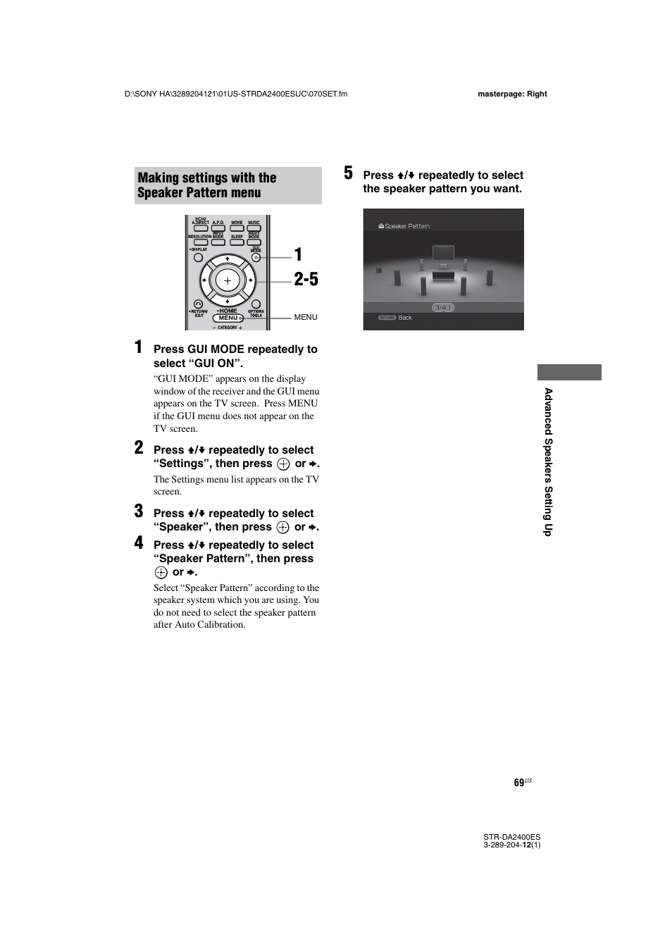 Making settings with the speaker pattern menu | Sony 3-289-204-12(1) User Manual | Page 69 / 140