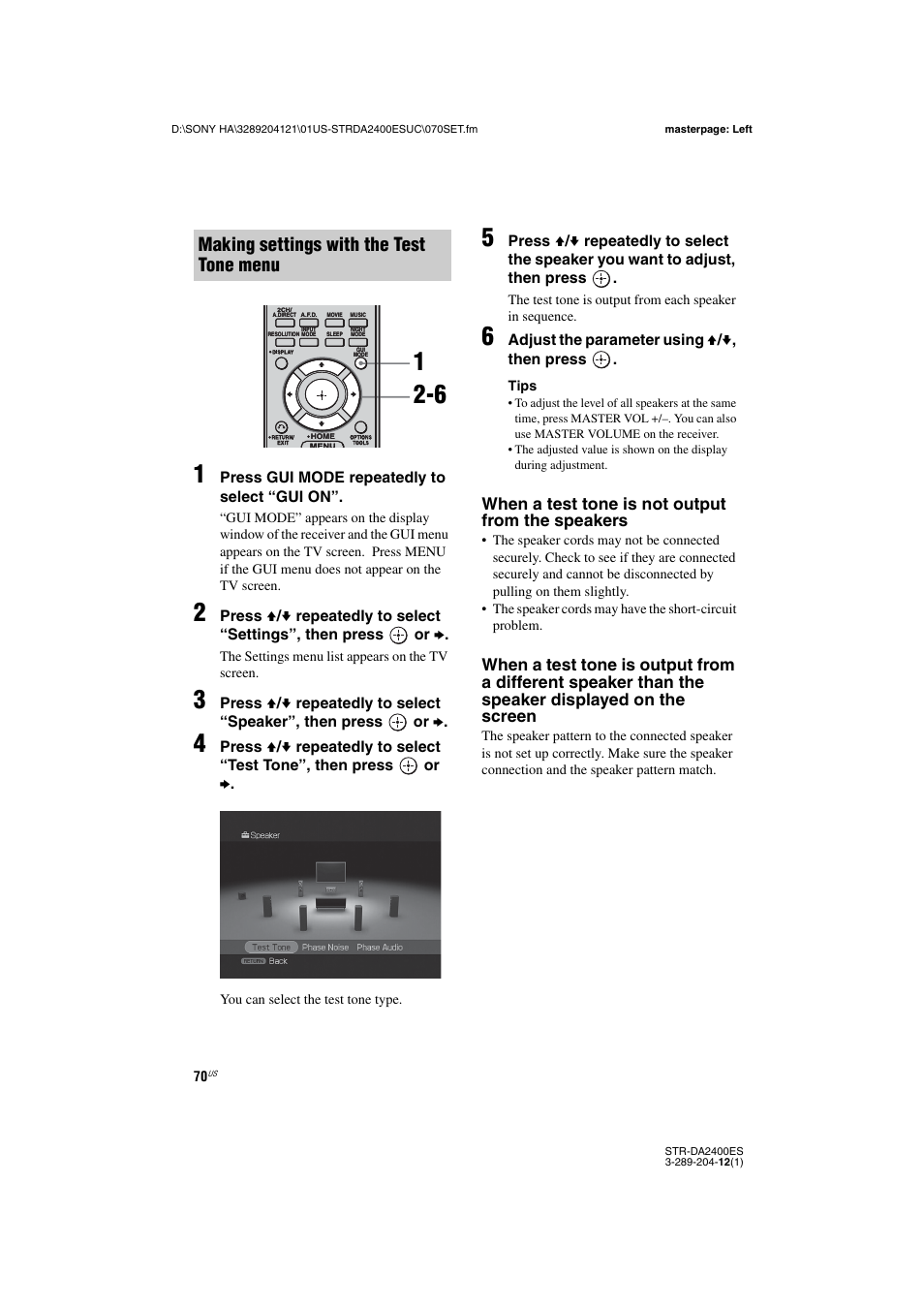 Making settings with the test tone menu, When a test tone is not output from the speakers | Sony 3-289-204-12(1) User Manual | Page 70 / 140