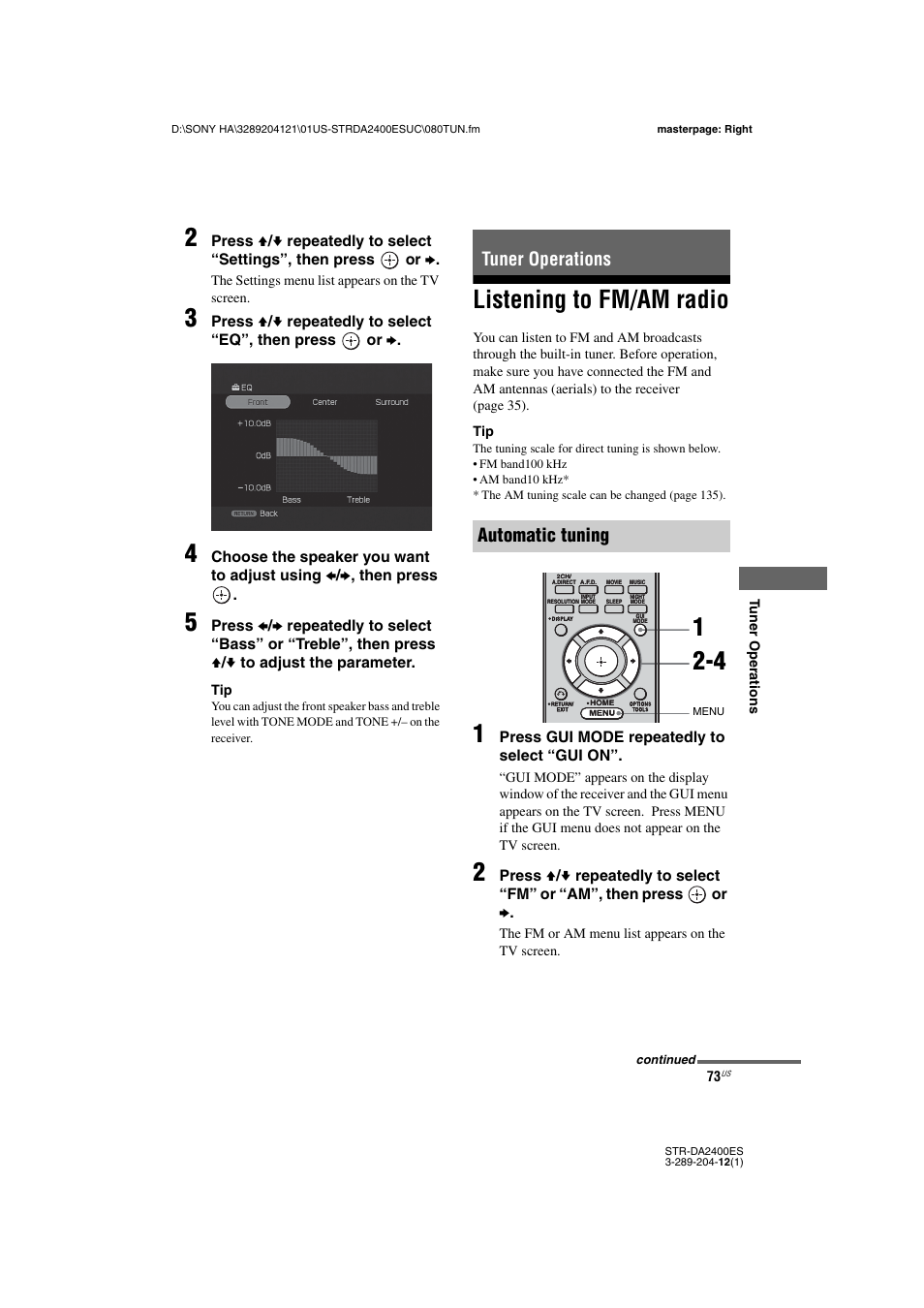 Tuner operations, Listening to fm/am radio, Tuner operations automatic tuning | Sony 3-289-204-12(1) User Manual | Page 73 / 140