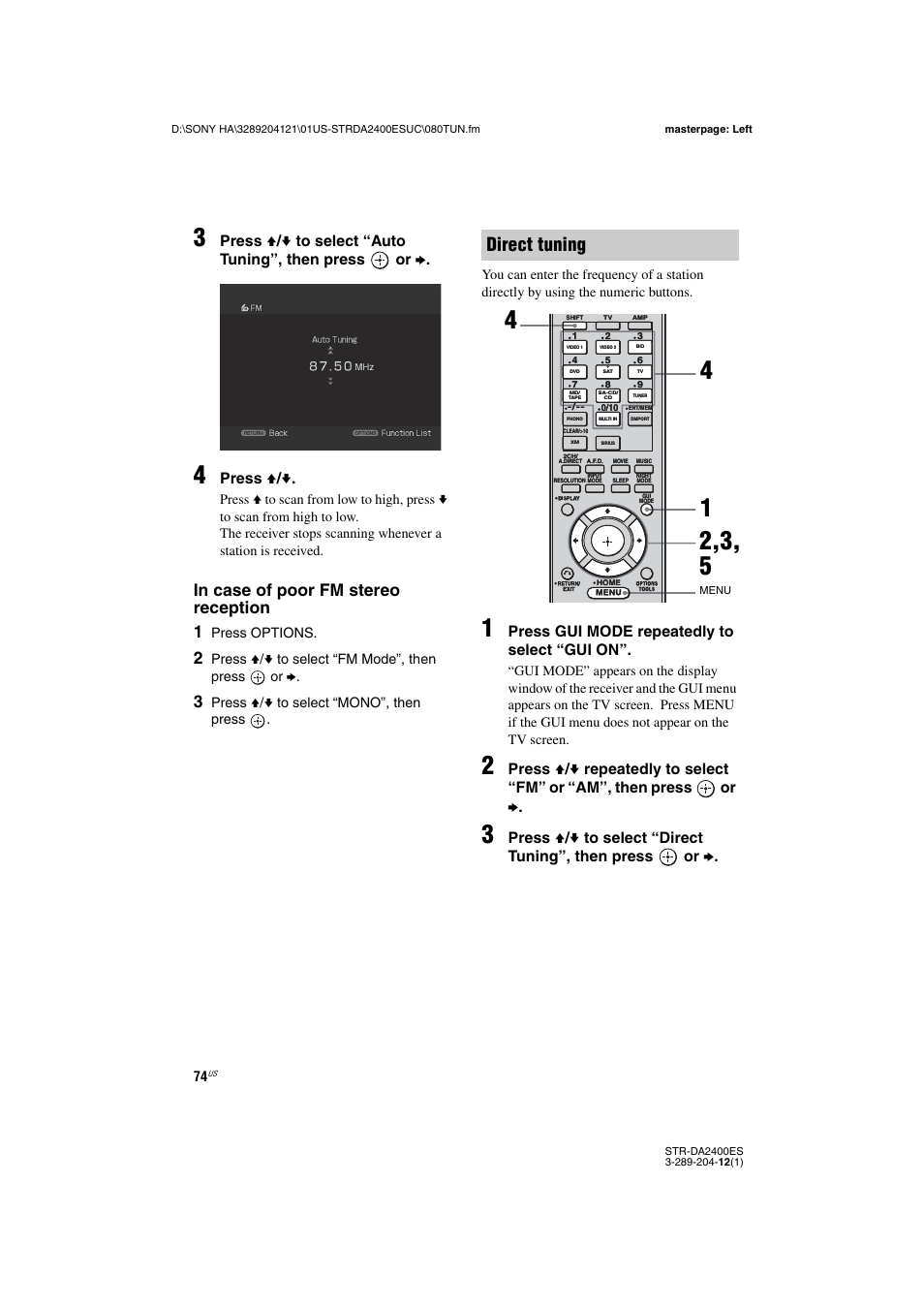 Direct tuning, Press v / v, Press gui mode repeatedly to select “gui on | Press options, Press v/v to select “fm mode”, then press or b | Sony 3-289-204-12(1) User Manual | Page 74 / 140