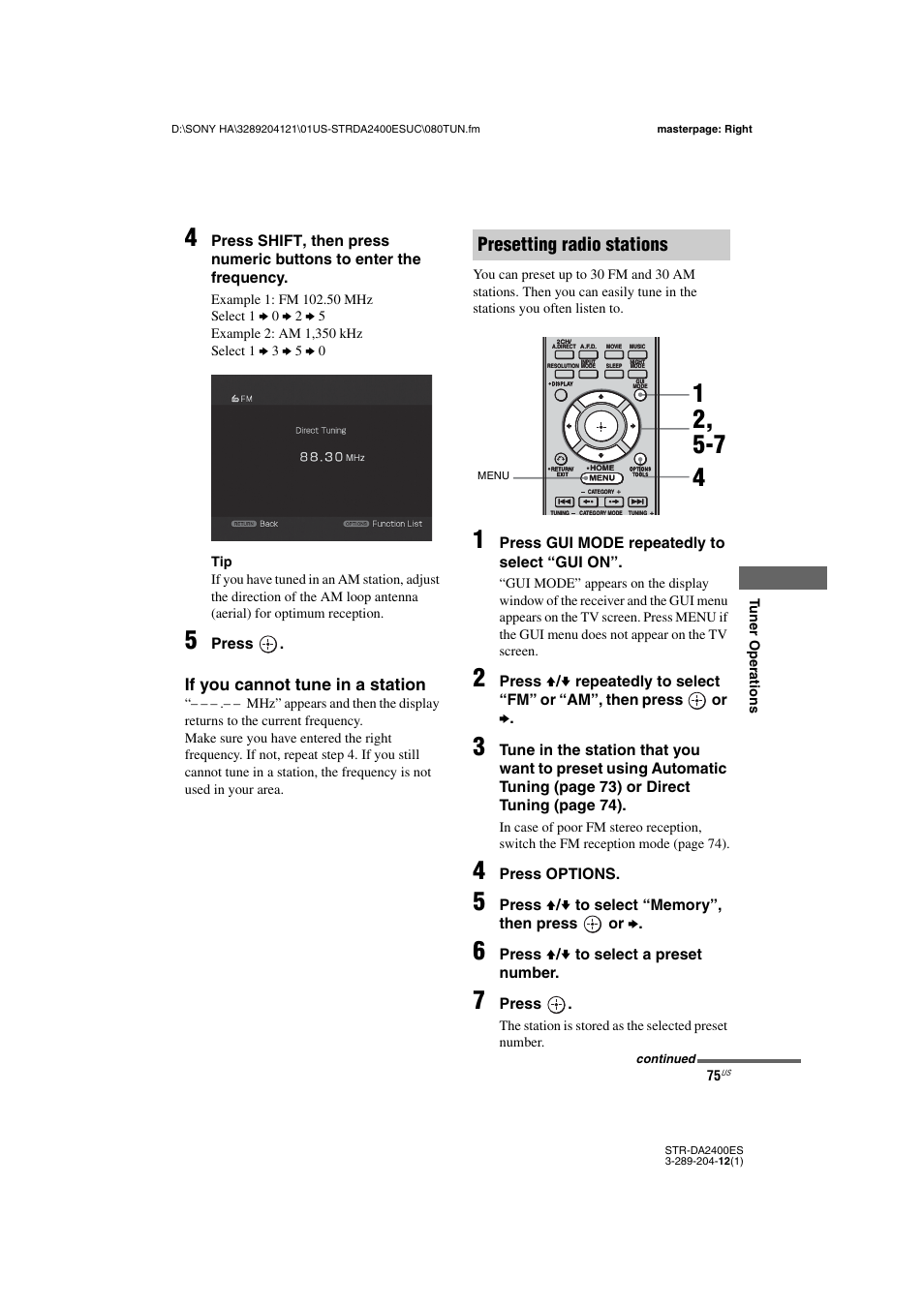 Presetting radio stations, If you cannot tune in a station | Sony 3-289-204-12(1) User Manual | Page 75 / 140