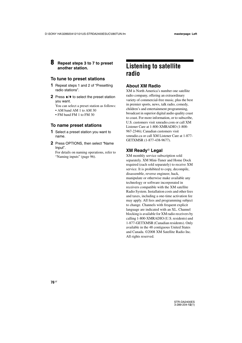 Listening to satellite radio | Sony 3-289-204-12(1) User Manual | Page 76 / 140