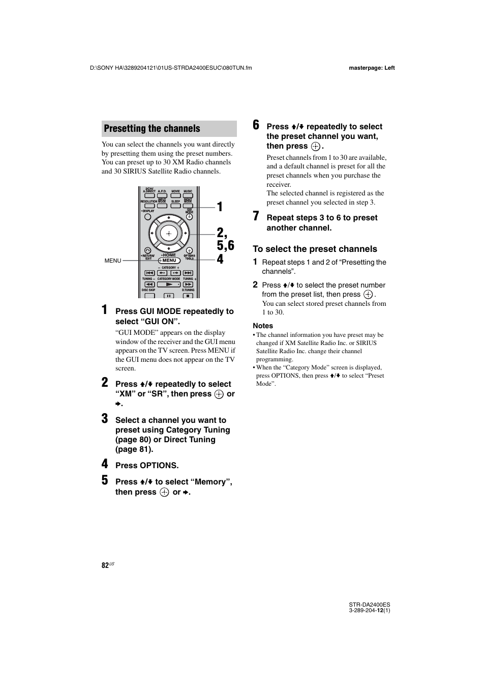 Presetting the channels, Press gui mode repeatedly to select “gui on, Press options | Repeat steps 3 to 6 to preset another channel, Repeat steps 1 and 2 of “presetting the channels | Sony 3-289-204-12(1) User Manual | Page 82 / 140