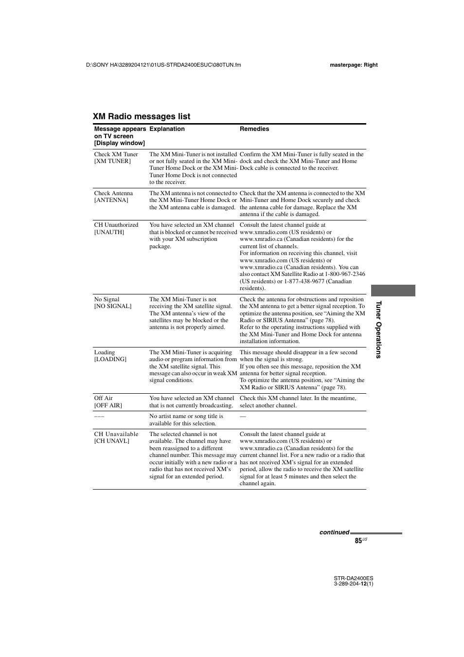 Xm radio messages list | Sony 3-289-204-12(1) User Manual | Page 85 / 140