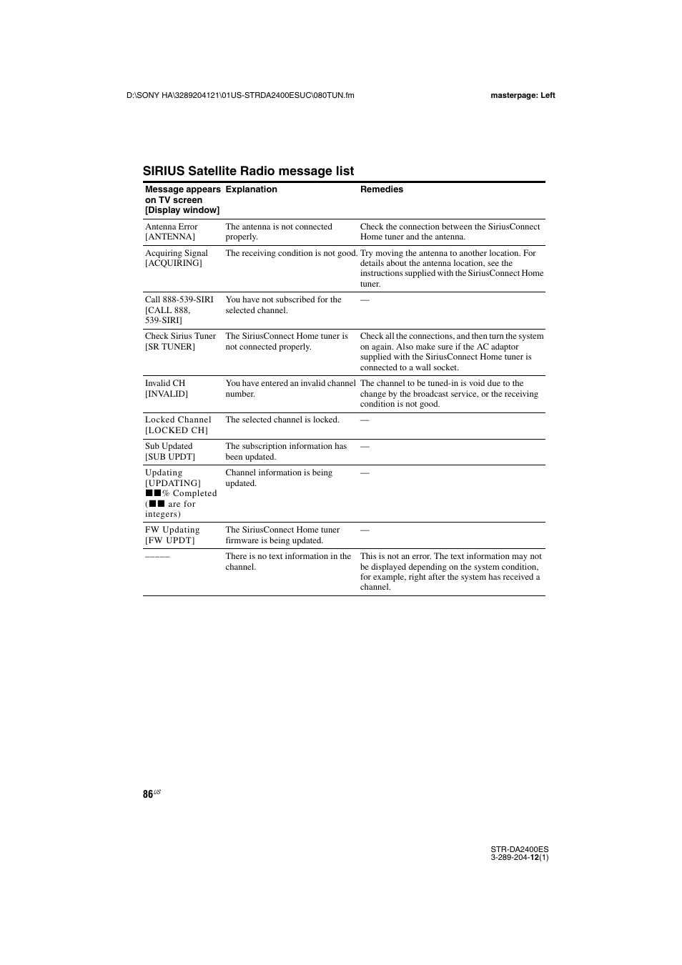 Sirius satellite radio message list | Sony 3-289-204-12(1) User Manual | Page 86 / 140