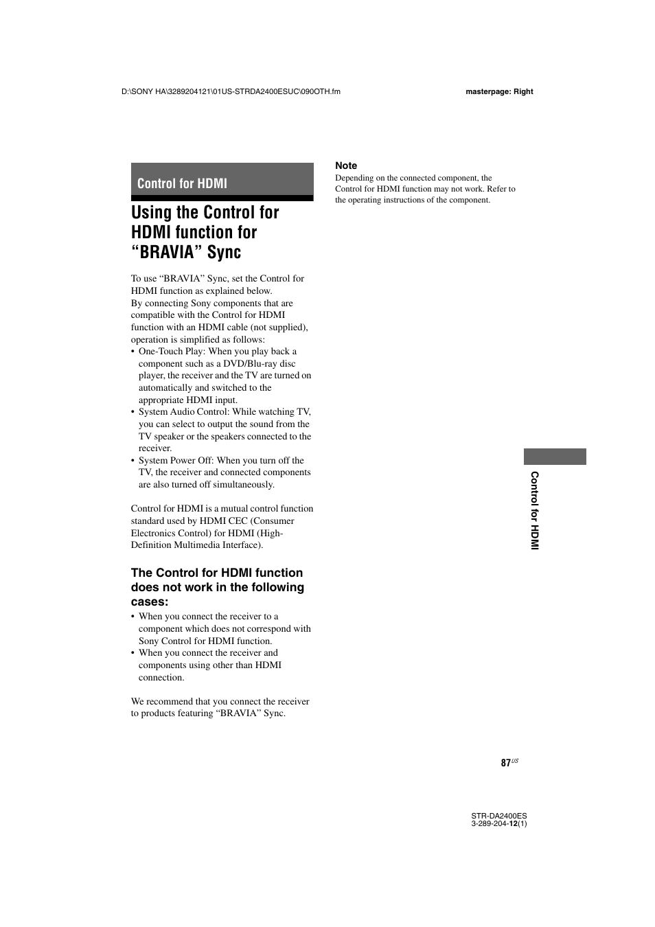 Control for hdmi, Using the control for hdmi function for, Bravia” sync | Sony 3-289-204-12(1) User Manual | Page 87 / 140