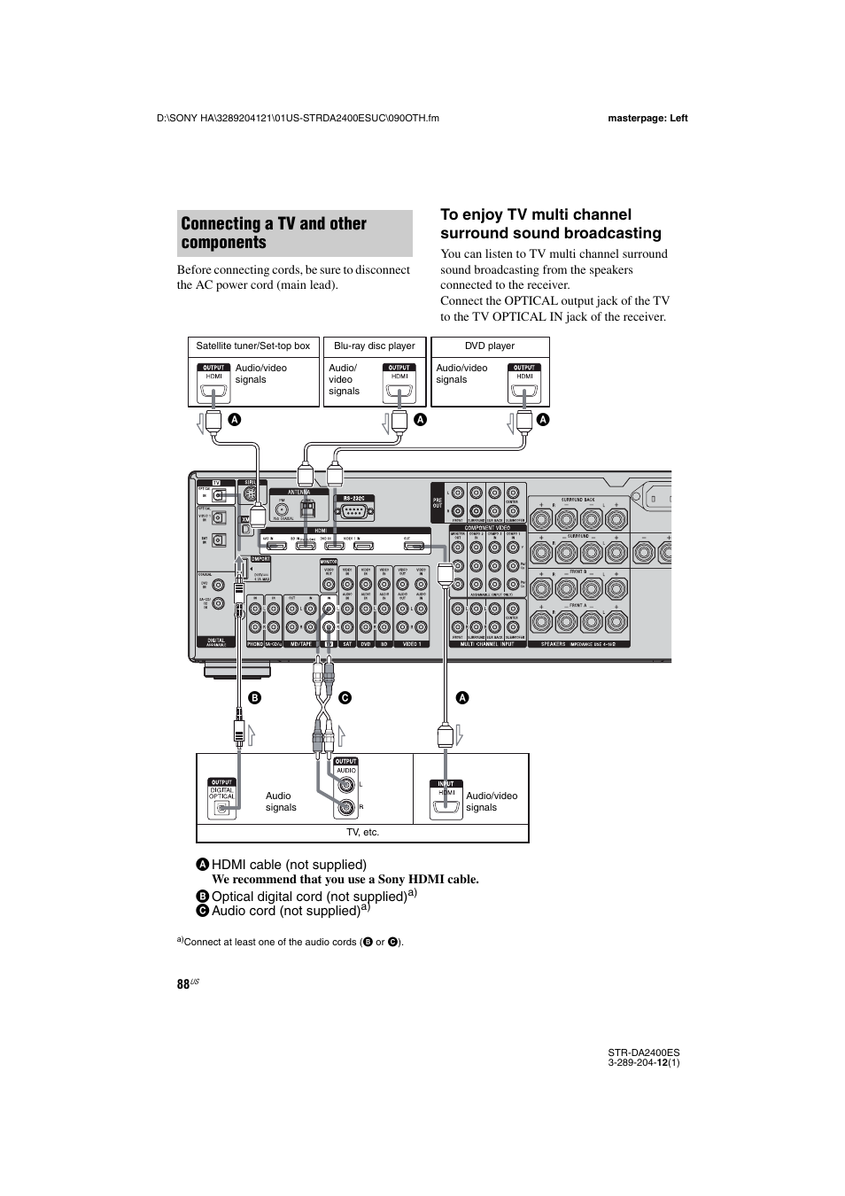 Connecting a tv and other components | Sony 3-289-204-12(1) User Manual | Page 88 / 140