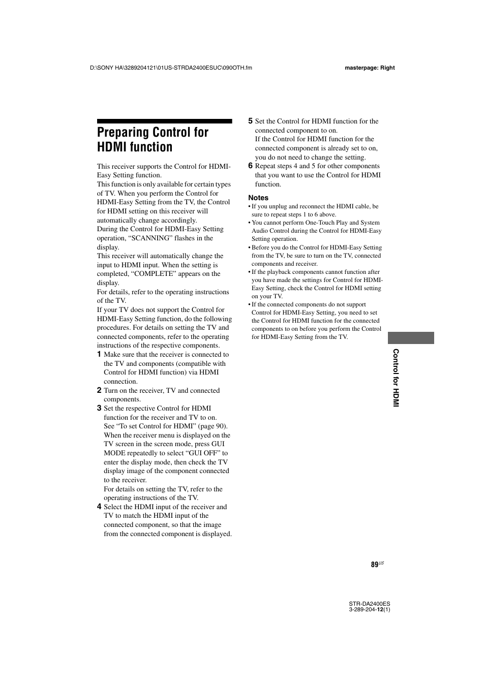 Preparing control for hdmi function | Sony 3-289-204-12(1) User Manual | Page 89 / 140