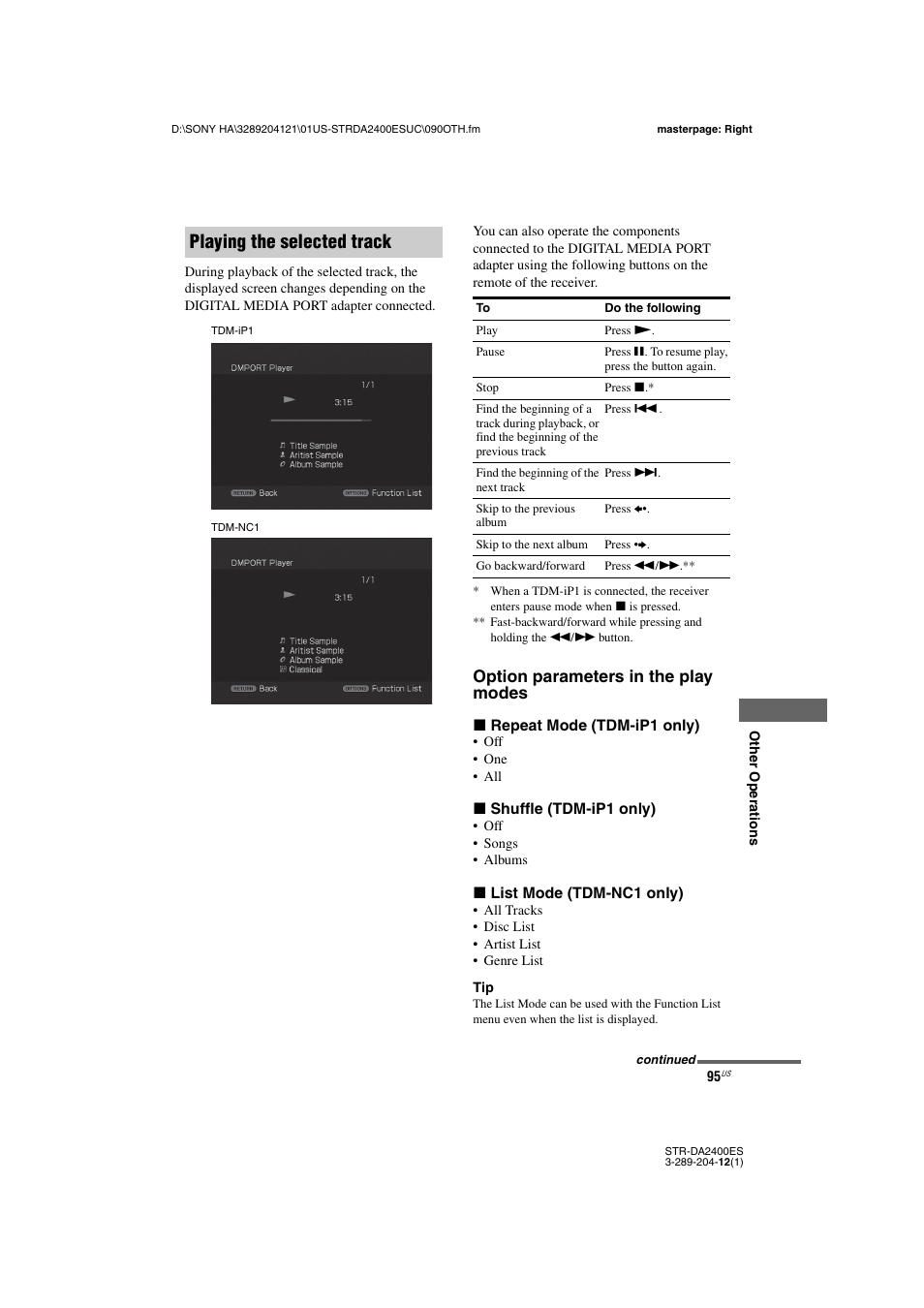 Playing the selected track, Option parameters in the play modes | Sony 3-289-204-12(1) User Manual | Page 95 / 140