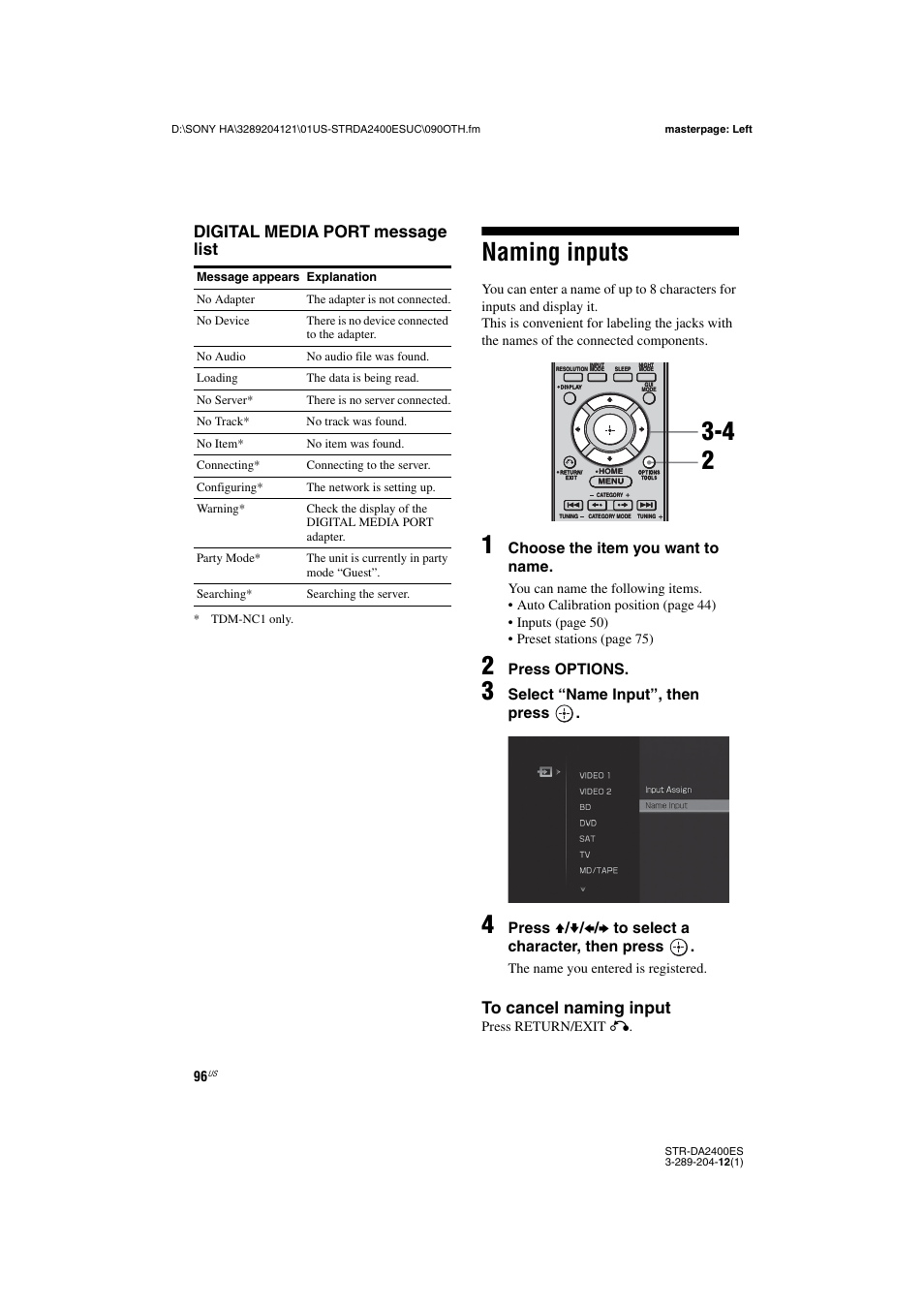 Naming inputs, Digital media port message list | Sony 3-289-204-12(1) User Manual | Page 96 / 140