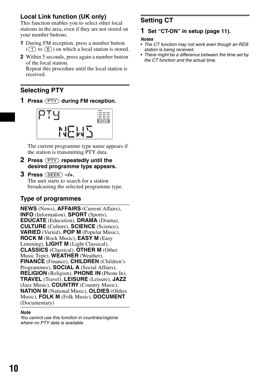 Selecting pty, Setting ct, Selecting pty setting ct | On 10 | Sony CDX-A250 User Manual | Page 10 / 92