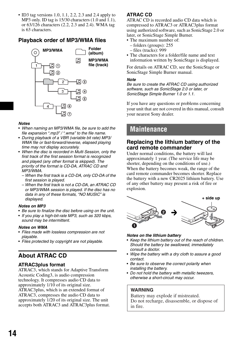 About atrac cd, Maintenance, Playback order of mp3/wma files | Sony CDX-A250 User Manual | Page 14 / 92