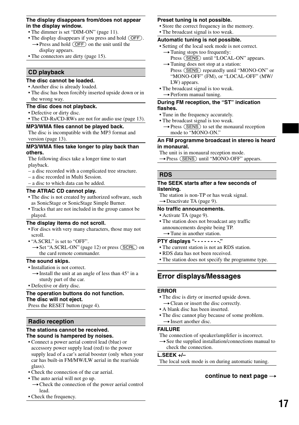 Error displays/messages | Sony CDX-A250 User Manual | Page 17 / 92