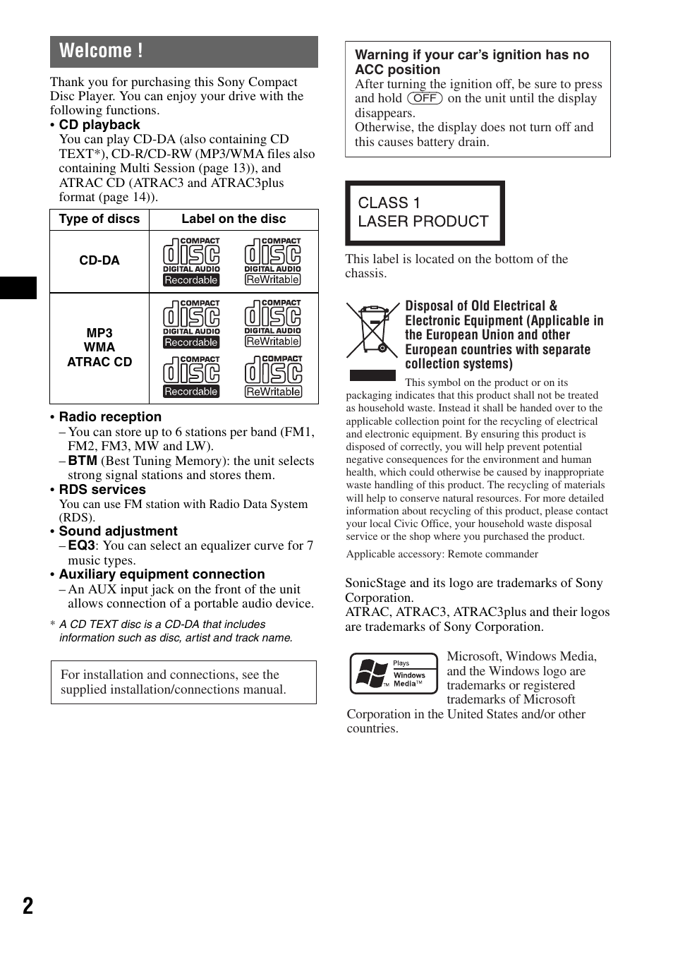 Welcome | Sony CDX-A250 User Manual | Page 2 / 92