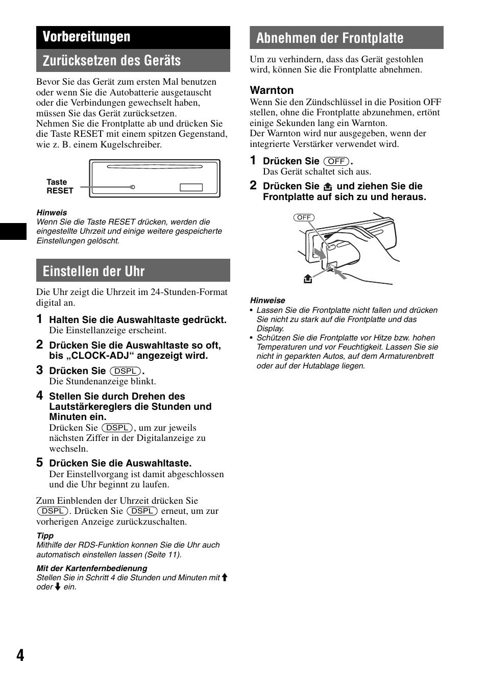 Vorbereitungen, Zurücksetzen des geräts, Einstellen der uhr | Abnehmen der frontplatte, Vorbereitungen zurücksetzen des geräts | Sony CDX-A250 User Manual | Page 22 / 92