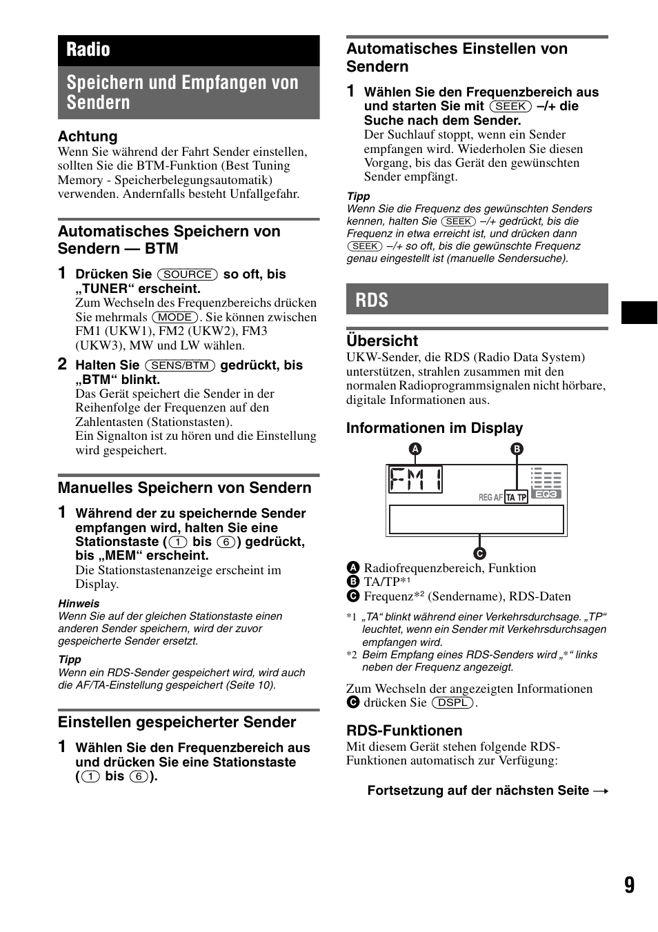 Radio, Speichern und empfangen von sendern, Automatisches speichern von sendern - btm | Manuelles speichern von sendern, Einstellen gespeicherter sender, Automatisches einstellen von sendern, Übersicht, Automatisches speichern von sendern, Radio speichern und empfangen von sendern | Sony CDX-A250 User Manual | Page 27 / 92
