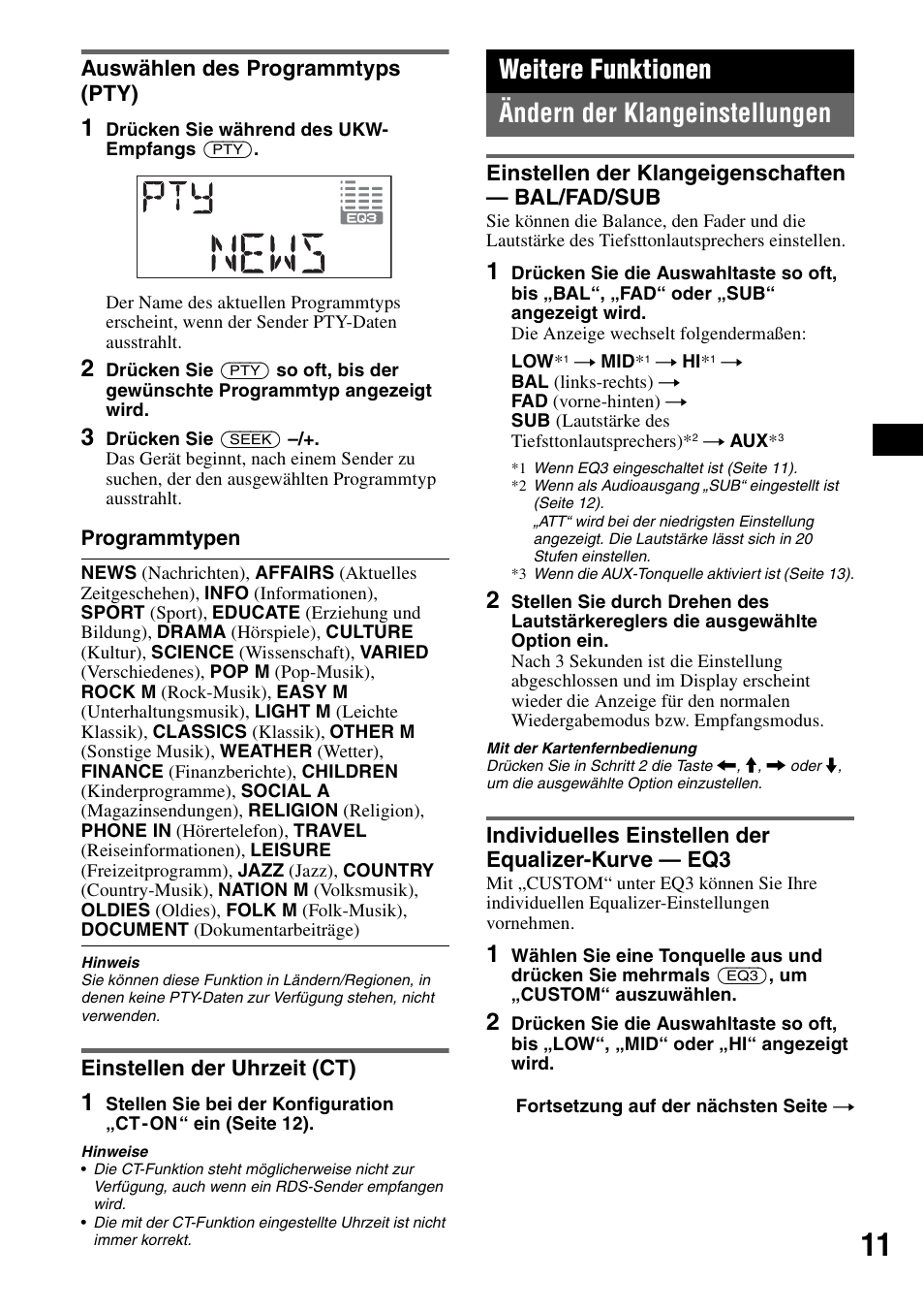 Auswählen des programmtyps (pty), Einstellen der uhrzeit (ct), Weitere funktionen | Ändern der klangeinstellungen, Einstellen der klangeigenschaften - bal/fad/sub, Individuelles einstellen der equalizer-kurve - eq3, Einstellen der klangeigenschaften, Weitere funktionen ändern der klangeinstellungen | Sony CDX-A250 User Manual | Page 29 / 92