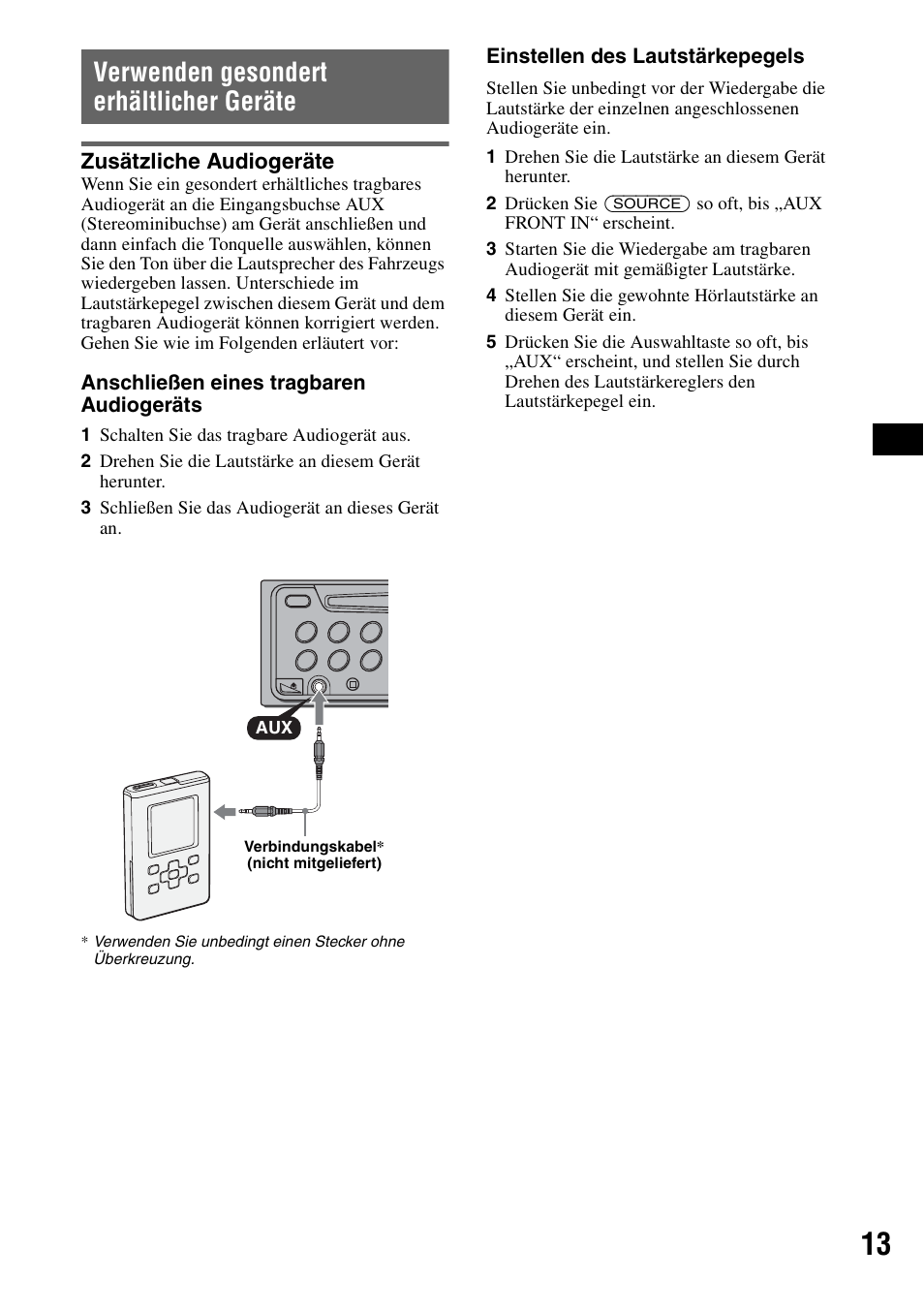 Verwenden gesondert erhältlicher geräte, Zusätzliche audiogeräte, Seite 13 | Seite 13) | Sony CDX-A250 User Manual | Page 31 / 92