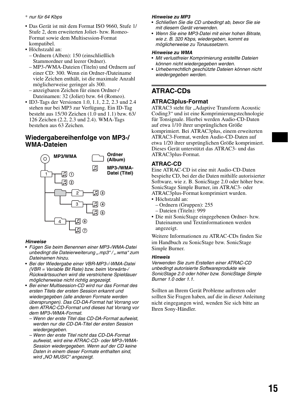 Atrac-cds, Wiedergabereihenfolge von mp3-/ wma-dateien | Sony CDX-A250 User Manual | Page 33 / 92